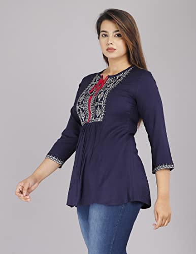 Image of Shiva Fab Short Kurti for Women | Embroidered Straight Rayon Kurta | Round Neck Full Sleeves Short Kurti for Women's