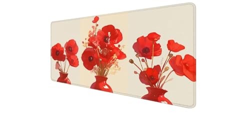 Tapis Souris XXL Gaming Étanche avec Bords Cousus et Base Antidérapante Rouge Fleur