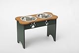 2 qt. 15 in. Tall High Double Poly Wood Dog Bowl with 2 Stainless Steel Bowls Cedar Top & Hunter Green Base