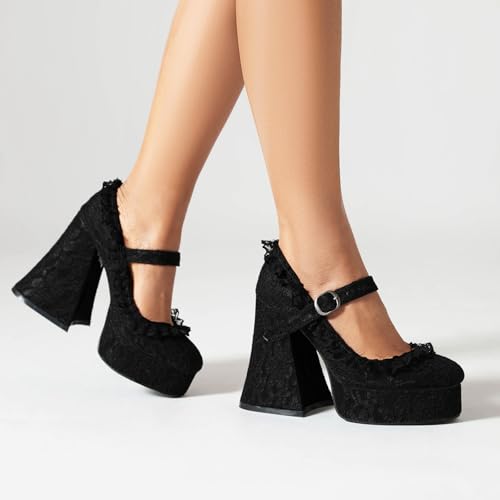 Women's Chunky High Heel Mary Janes Gothic Shoes Lace Flower Heels Goth Platform Dress Shoes for Women3