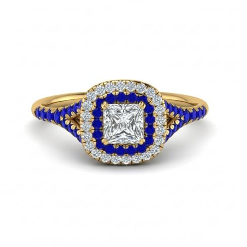 Bague de fiançailles halo or jaune et pierre précieuse forme princesse
