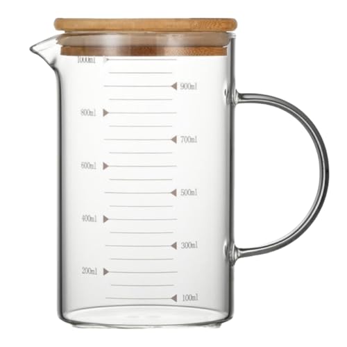 耐熱ガラス製計量カップ 直火対応 耐熱耐冷 耐熱温度差170℃ 電子レンジ・食洗機対応 目盛付き おしゃれ 透明 キッチン用 水/米/お茶/ミルク/コーヒー/ジュース用 (1000ML,竹の蓋付き)