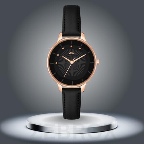 Image of Analog Quartz Movement Women's Wrist Watch Leather Strap, Rose Gold Case, Round Dial (MT-571-To-575)