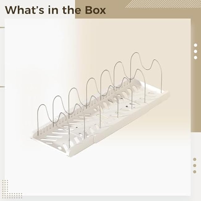 Expandable Organizer Rack For Cooking Pots And Lids, Adjustable Kitchen Storage With 7 Divider Set, Stainless Steel And White Hips, Fits Kitchen Cabinets