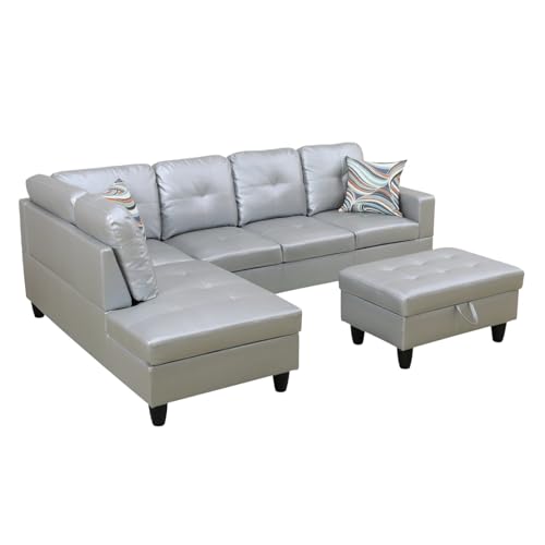 Juego de sofá reclinable de 3 piezas con otomana, cama extraíble, cojines, media piel sintética plateada, en forma de L