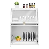 WUSILILU Dish Drying Rack with Cover, Pull-Out Drip Tray, Double Drain Shelf for Kitchen Counter, 2-Tier Dish Storage Rack, Utensil Shelf Organizer with Drain Tray (White)