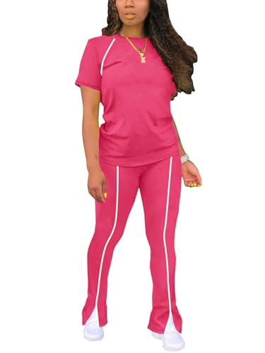Image of STOLKISS Women 2 Piece Outfits Summer Workout Sweatsuit Striped Short Sleeve Long Flare Pants Casual Travel Tracksuit