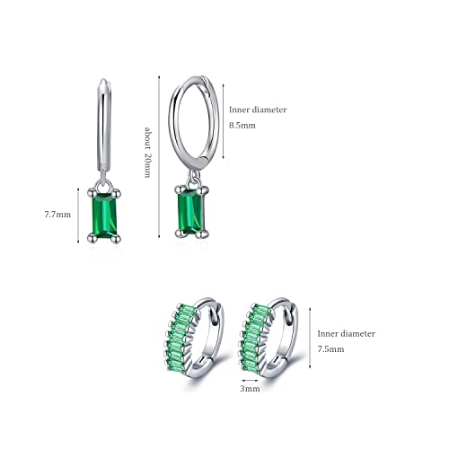 Dainty Huggie Hoop Earrings With Emerald Cubic Zirconia Dangle For Women Girls, 925 Sterling Silver Lightweight Baguette Dangling & Tiny Cz Hoop Earring, Minimalist Jewelry Gift Set For Her #TOP2