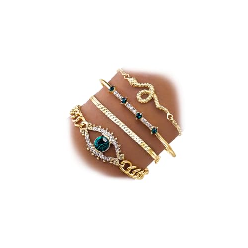 17IF 4 Pcs Gold Bangle Bracelet for Women, Dainty 14k Chunky Trendy Hand Cuff Jewelry Set Charm Stack Accessories Link Adjustable Wrist for Aesthetic Outfit