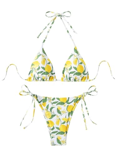 Women's 2 Piece Bikini Set Lemon Floral Print Halter Tie Backless Swimsuits Cute String Bathing Suit