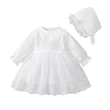 TENTIDE Newborn Baby Girl Baptism Dress White Christening Lace Long Sleeve Fall Wedding Tulle Dresses with Bonnet Outfit(White-Butterfly, 18-24 Months)