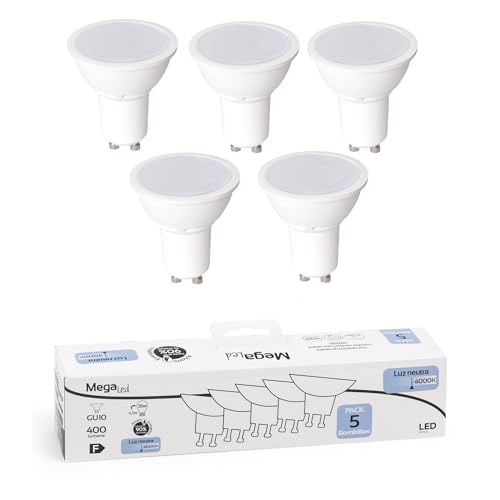 MegaLed. Pack 5 bombillas Dicroica GU10 4.5W. Luz neutra 4000K. Ángulo 100º
