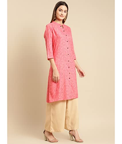 Image of rangita Peach Rayon Calf Length Embellished Straight Kurti for Women | Kurta for Women