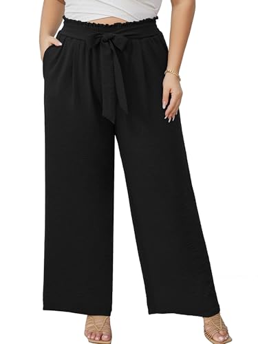 AusLook Women's Plus Size Wide Leg Pants with Pockets Black 3X Lightweight...