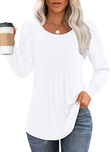 OFEEFAN Long Sleeve Shirts for Women Fall Tops Dressy Casual Blouses Pleated Scooped Neck Tunic Tops for Leggings