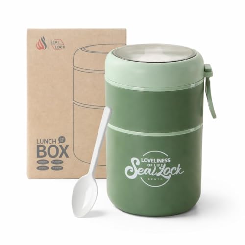 Image of 780ml Stainless Steel Lunch Pot with Cutlery Storage Double Layer Insulated Lunch Container Leakproof Portable with Lid for Office School Travel - Green