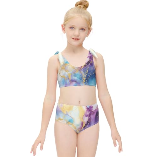 Girls' Bikini Set, Purple Gold Blue Marble Kids Swimsuit 2 Pcs Beach Bathing Suit3