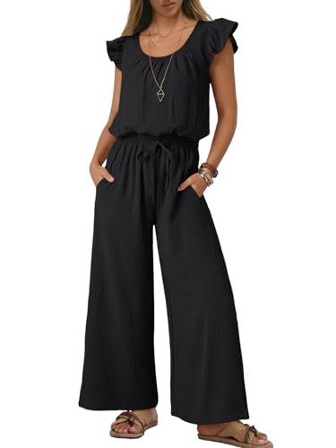 Btaiuo Jumpsuits for Women Summer Casual Square Neck Ruffle Sleeves Rompers Drawstring High Waist Wide Leg Overalls with Pockets Large Black