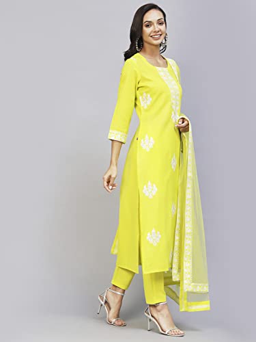 Image of GoSriKi Women's Cotton Blend Straight Embroidered Kurta with Pant & Dupatta
