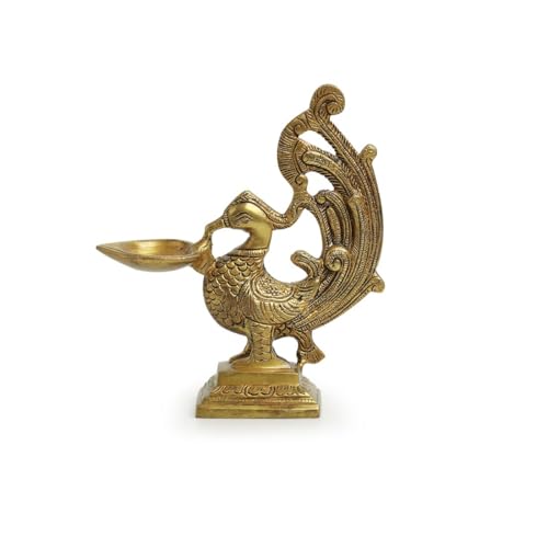 Image of ExclusiveLane 'Marvellous Peacock' Brass Table Diya for Puja Room Mandir (Pure Brass, 7 Inch, 0.8 Kg) | Hand-Etched Ghee Diya for Puja Aarti Diyas Table Diyas for Home Decoration