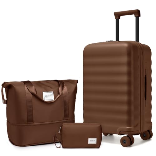TRIPLAYER Luggage Sets 3 Piece Carry On Luggage 22x14x9 Airline Approved PC Hardside Suitcase Set with Wheels TSA Lock Durable Carry-On Suitcase with Duffel Bag for Women (Mocha)