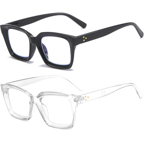 Image of REAVEE 2 Pack Oversized Reading Glasses for Women Men Blue Light Blocking, Ladies Stylish Retro Square Large Computer Readers (Black /Clear 2.0x)