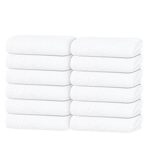 Tens Towels Pack of 12 Washcloths 12 x 12 Inches Lighter Weight Quick to Dry Super Soft & Absorbent Gentle Face Towels Hotel Quality Perfect for Bathroom Gym Spa (White 12 Pack)