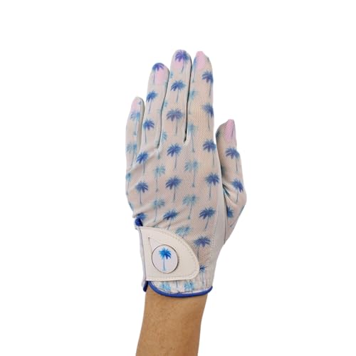 Hand Candy Golf Glove – Premium Cabretta Leather – “Palm Trees” – Left Hand Women's Golf Glove with Matching Ball Marker (Small)