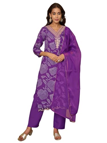 Kurta droite en rayonne femme ensemble pantalon dupatta brodé violet Navlik L