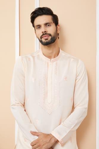 Image of See Designs Men's Long Sleeve Mandarin Collar Side Slit Off-White Embroidered Chanderi Silk Straight Kurta