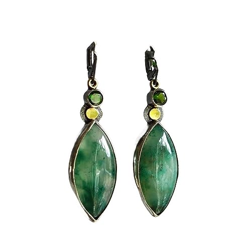 BrOleo Damen Hängende Ohrringe,Boho Vintage Blatt Ohrringe, Ethnisch, Elegant, Grüner Edelstein Anhänger, Ohrring, Chakra, Reiki Energie, Baumelnde Ohrringe Für Damen Und Mädchen, Edels