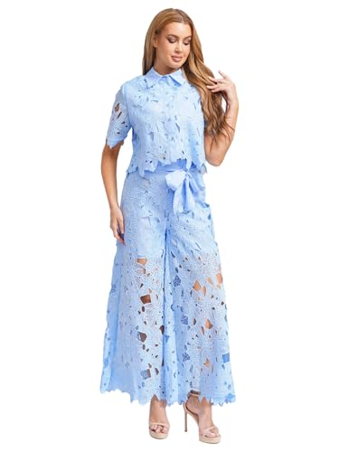 2 Piece Sets for Women Casual Party Summer Outfits Short Sleeve Hollow Out Tops with Wide Leg Pants2