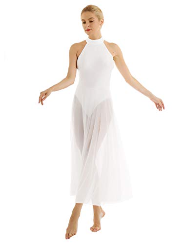 ACSUSS Lyrical Women Adult Sequins Dance Dress Ballet Leotard Flowy Split Skirt Dancewear Halter White Small