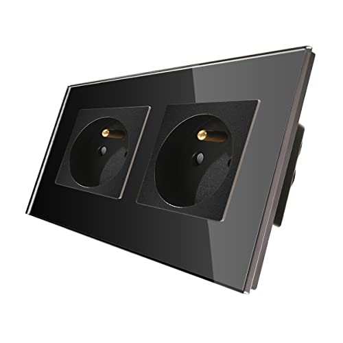CNBINGO Prise Murale Electrique 16A - Prise Encastrable Standard Extra Plate - Double Prises de Courant Alternatif Panneau - Avec Panneau en Verre Trempé Noir Cover