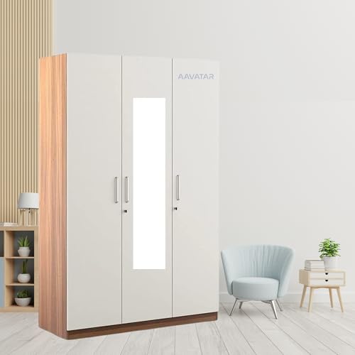 Image of AAVATAR 3-Door Engineered Wood Wardrobe with Shelves, Mirror and Locker Drawer for Bedroom, White, 75 x 44 x 19 Inch