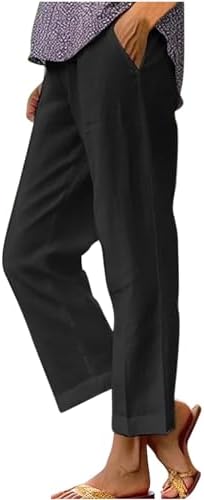 Womens Cotton Linen Pants High Waisted Wide Leg Lounge Pant Casual Summer Resort Wear Cropped Trousers Capris