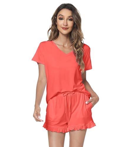 Image of WiWi Womens Pajamas Set Bamboo Viscose Super Soft Short Sleeve Top Ruffle Shorts Sleepwear Cooling Pj Sets S-XXL