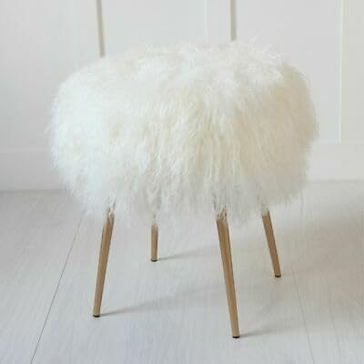 Royal Wood Furnishings/Super-Soft White Mongolian Fur top | Tapered Metal Legs | Chic Accent Footstool with Alpine-Inspired Style (White)-image-46
