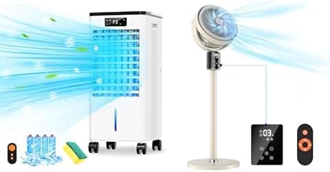 Efficient Home Cooling Set: 3-IN-1 Evaporative AC & Quiet Standing Fan, 4 Modes, 3 Speeds, 12H Timer, LED, Remote/Touch Control, Portable Wheels, Ideal for Bedroom & Indoor Use