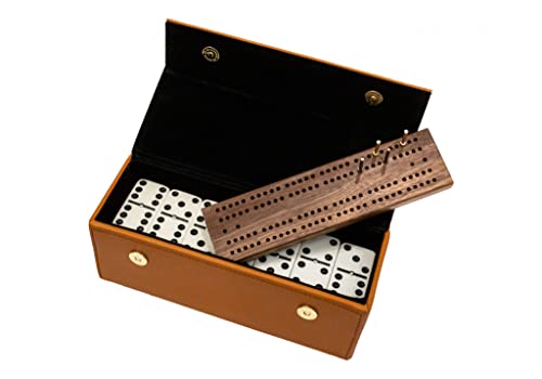 Alex Cramer Spinner Domino Set. Caramel Leather Case - Professional Tournament Traveler Domino Set - with Spinners - 28 Indestructible Double Six Dominoes