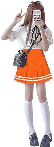 SANGTREE Feminino Plissado Tênis Golfe Curto A-Line Mini Saia Com Bolso Uniforme Escolar A Laranja C