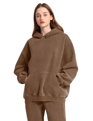 Image of FAIABLE Womens Oversized Acid Wash Hoodie Unisex Heavyweight Cotton Hoodies Fleece Vintage Washed Sweatshirt Women Men
