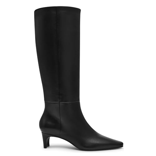 DOEYG Black Knee High Boots for Women Kitten Heel Leather Tall Boots Pointed Square Toe Fall Dressy Fashion Wide Calf Long Boots Size 8