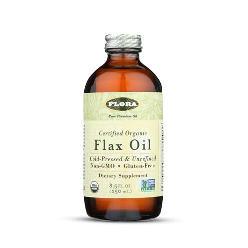 Image of FloraHealth Certified Organic Flax Oil, Cold-Pressed, 8.5 fl. oz. Glass | Cold-Pressed, Unrefined, Organic Flax Seed Oil, Contains Omega-3 & Omega-6, Non-GMO & Gluten-Free, Keep Chilled