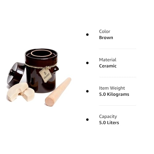 Kenley Fermentation Crock Jar 5 Liter & Pounder - 1.3 Gallon Fermenting Pickling Pot for Healthy Kimchi Sauerkraut Pickles Fermented Vegetables - Stoneware Ceramic Fermenter with Weights & Lid