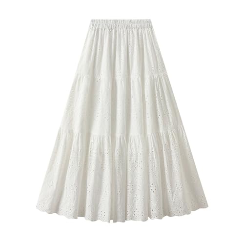 Womens Elastic Waist A-Line Skirt Hollow Embroidery Eyelet Skirts Fairy Flowy Midi Skirt Casual Loose Fit Skirts 2025