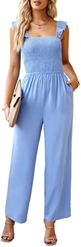 AMIMIV Jumpsuits for Women Summer Boho Spaghetti Straps Ruffle Sleeve Square Collar High Waisted Smocked Long Wide Leg Rompers with Pockets Sky Blue
