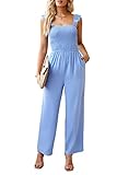 AMIMIV Jumpsuits for Women Summer Boho Spaghetti Straps Ruffle Sleeve Square Collar High Waisted Smo
