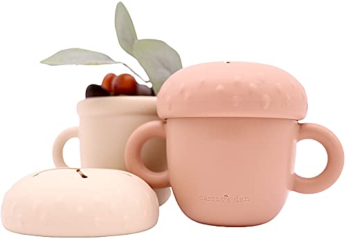 Image of Carrot's Den Snack Cup 2 Pack | 100% Food Grade Silicone Acorn Snack Catcher Cup for Baby + Toddler (Beige & Orange)