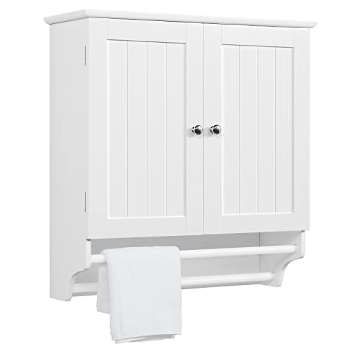 Yaheetech Meuble Haut/Armoire Murale de Salle de Bain en Bois, 60 x 22,5 x 64 cm, 2 Portes/Étagères/Porte-Serviettes, Meuble Suspendu Toilette WC Entrée Blanc